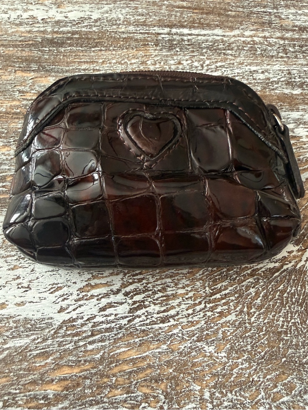 Brighton Glossy Dark Brown Croc-Embossed Coin Pouch with Heart Accent